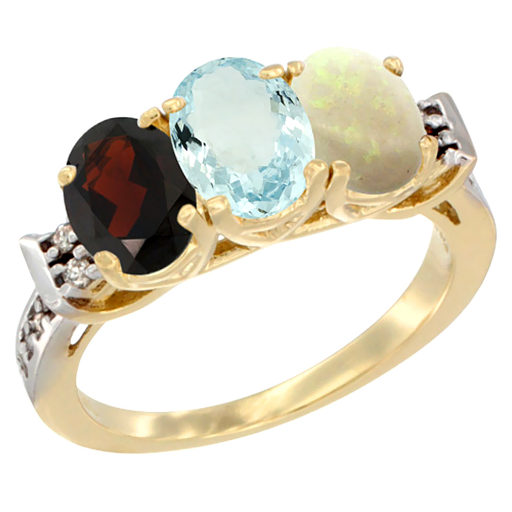 14K Yellow Gold Natural Garnet, Aquamarine & Opal Ring 3-Stone 7x5 mm Oval Diamond Accent, sizes 5 - 10