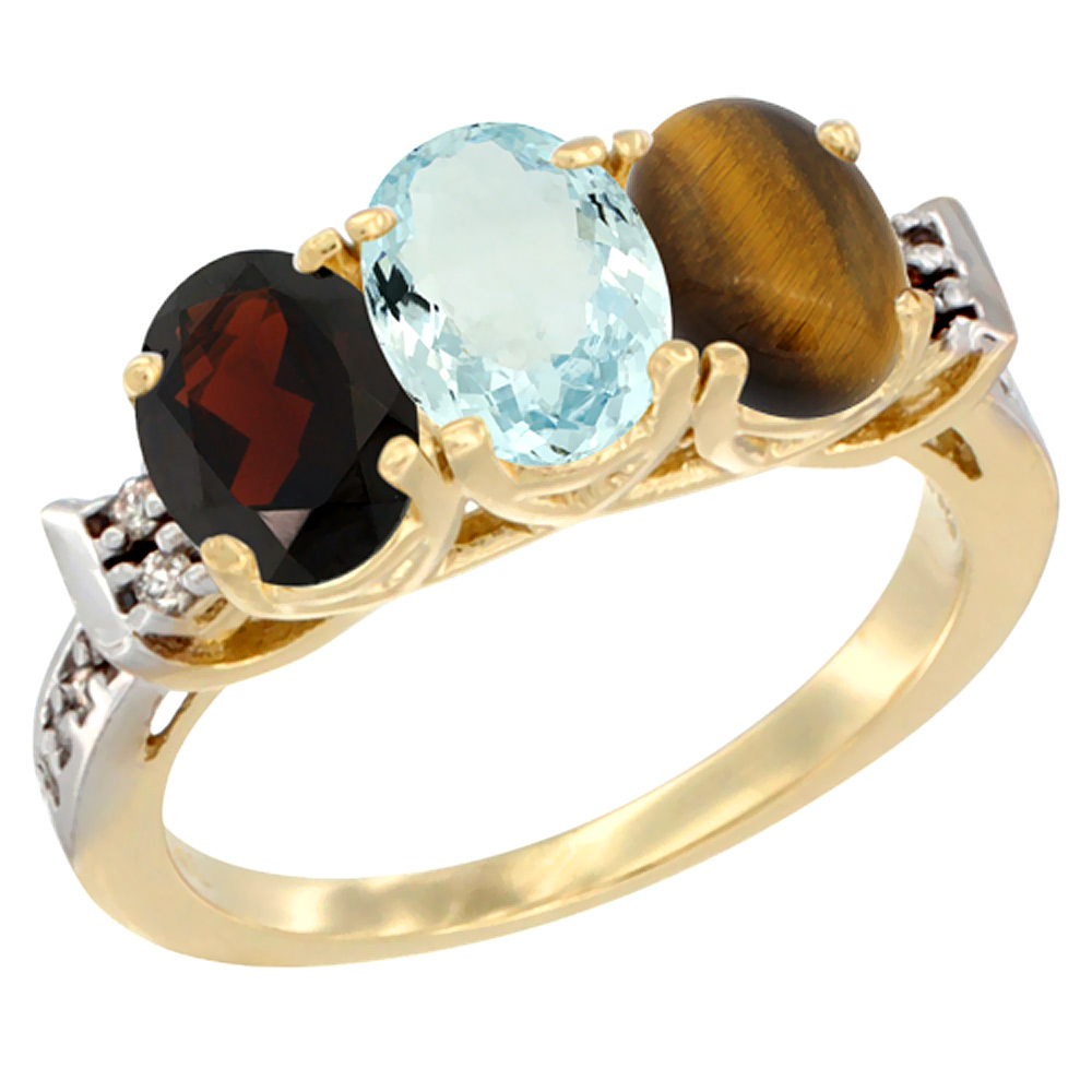 14K Yellow Gold Natural Garnet, Aquamarine & Tiger Eye Ring 3-Stone 7x5 mm Oval Diamond Accent, sizes 5 - 10