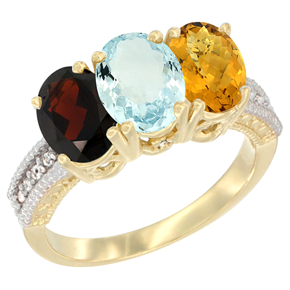 14K Yellow Gold Natural Garnet, Aquamarine & Whisky Quartz Ring 3-Stone 7x5 mm Oval Diamond Accent, sizes 5 - 10