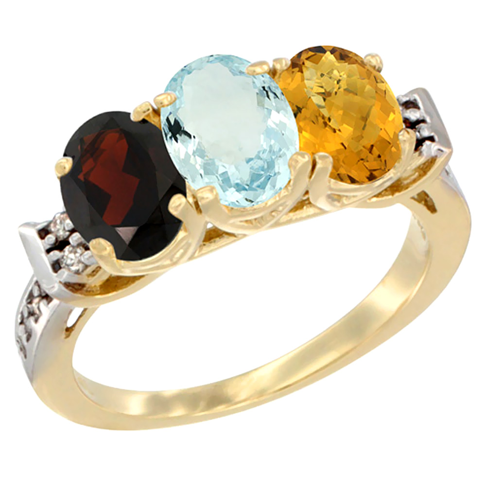 14K Yellow Gold Natural Garnet, Aquamarine & Whisky Quartz Ring 3-Stone 7x5 mm Oval Diamond Accent, sizes 5 - 10