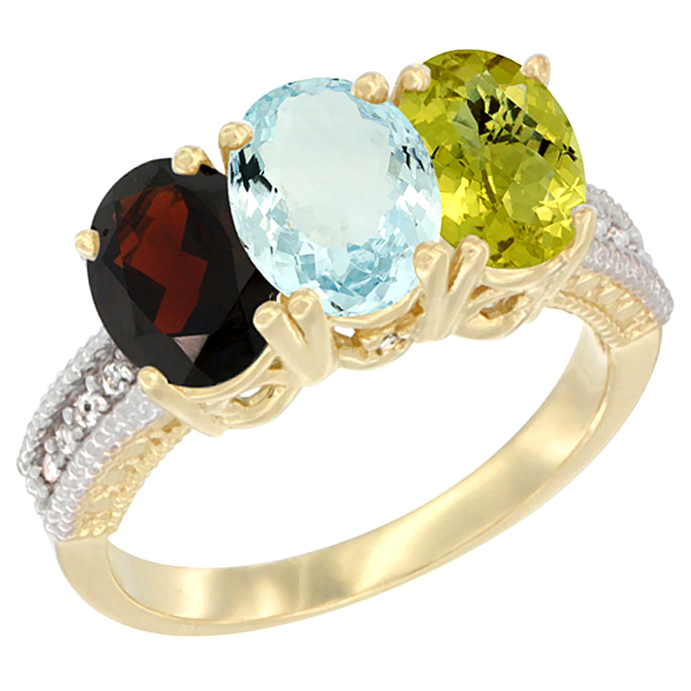 14K Yellow Gold Natural Garnet, Aquamarine &amp; Lemon Quartz Ring 3-Stone 7x5 mm Oval Diamond Accent, sizes 5 - 10