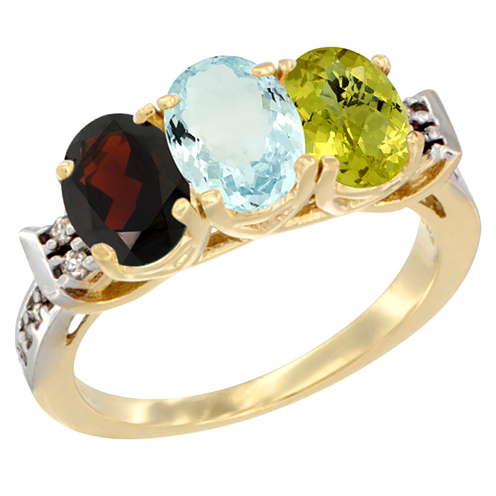 14K Yellow Gold Natural Garnet, Aquamarine & Lemon Quartz Ring 3-Stone 7x5 mm Oval Diamond Accent, sizes 5 - 10