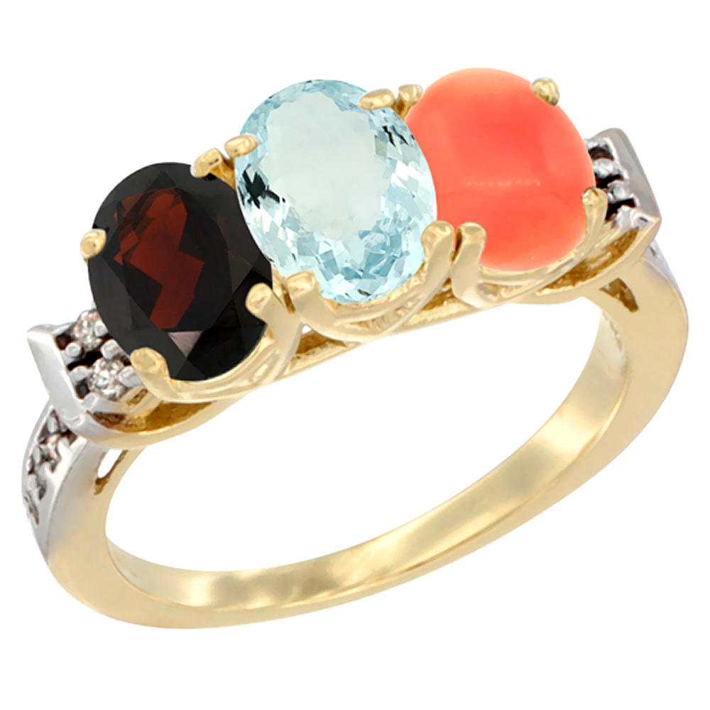 14K Yellow Gold Natural Garnet, Aquamarine & Coral Ring 3-Stone 7x5 mm Oval Diamond Accent, sizes 5 - 10