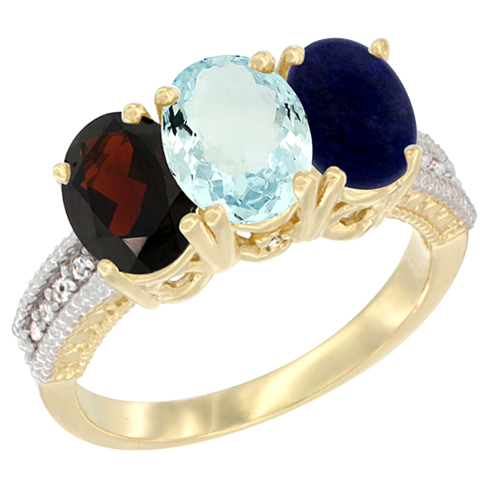 14K Yellow Gold Natural Garnet, Aquamarine &amp; Lapis Ring 3-Stone 7x5 mm Oval Diamond Accent, sizes 5 - 10