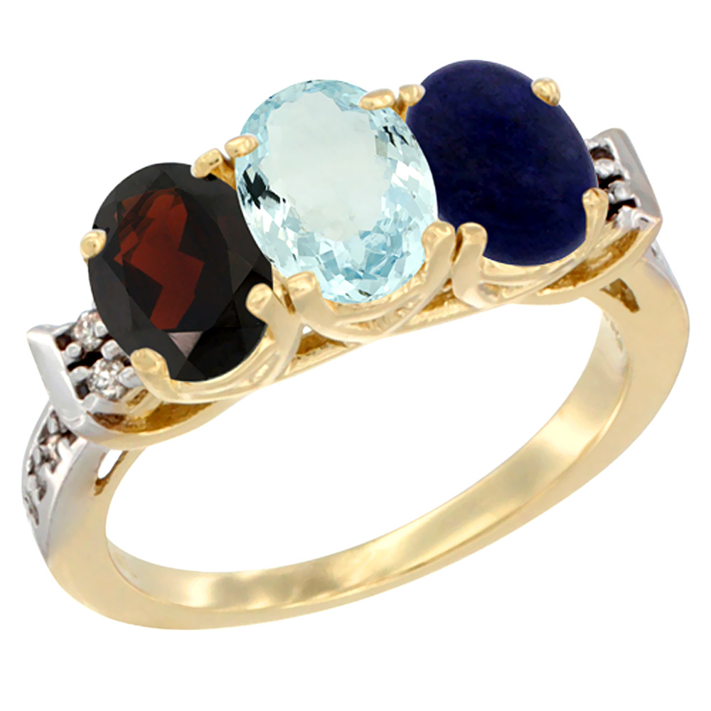 14K Yellow Gold Natural Garnet, Aquamarine & Lapis Ring 3-Stone 7x5 mm Oval Diamond Accent, sizes 5 - 10