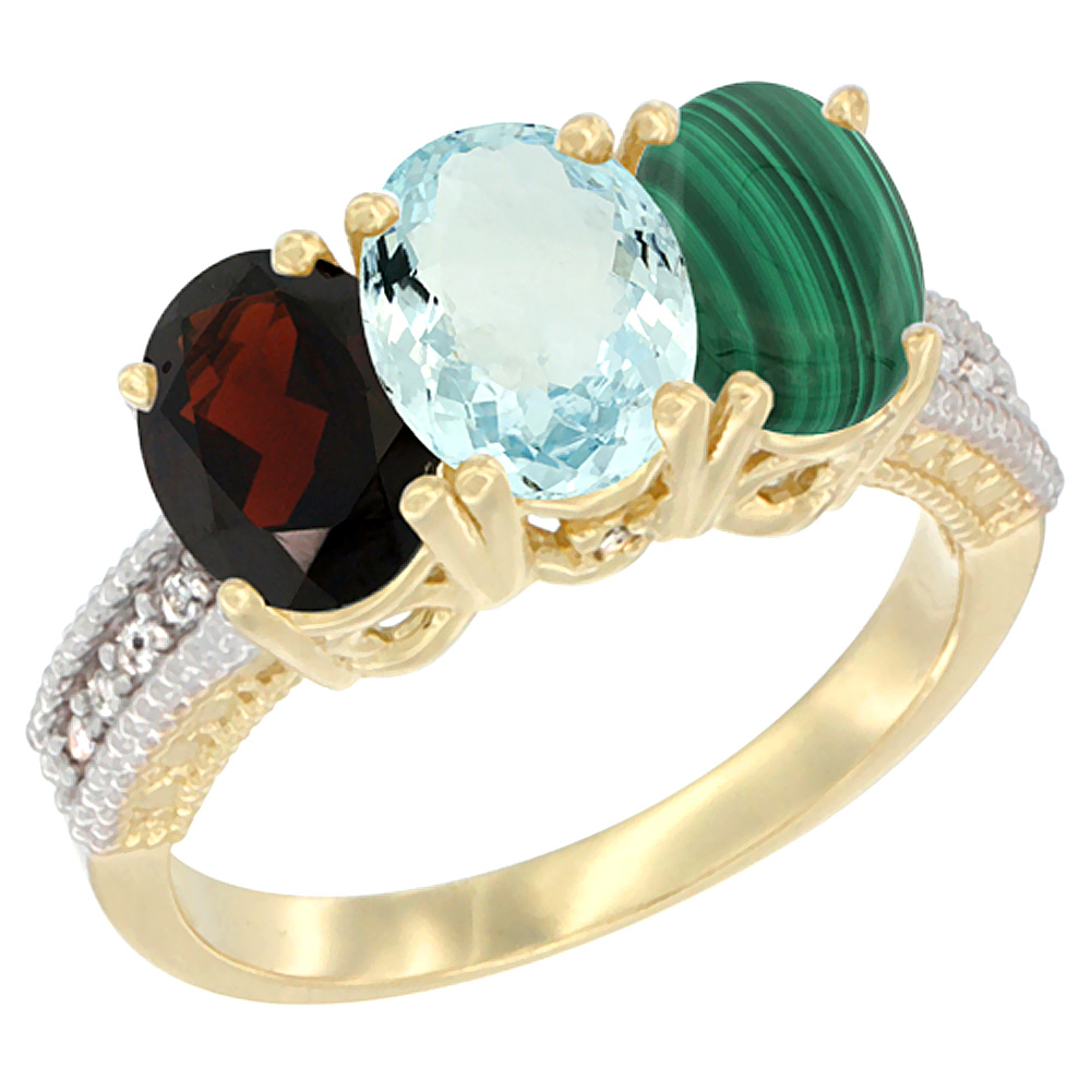 14K Yellow Gold Natural Garnet, Aquamarine & Malachite Ring 3-Stone 7x5 mm Oval Diamond Accent, sizes 5 - 10