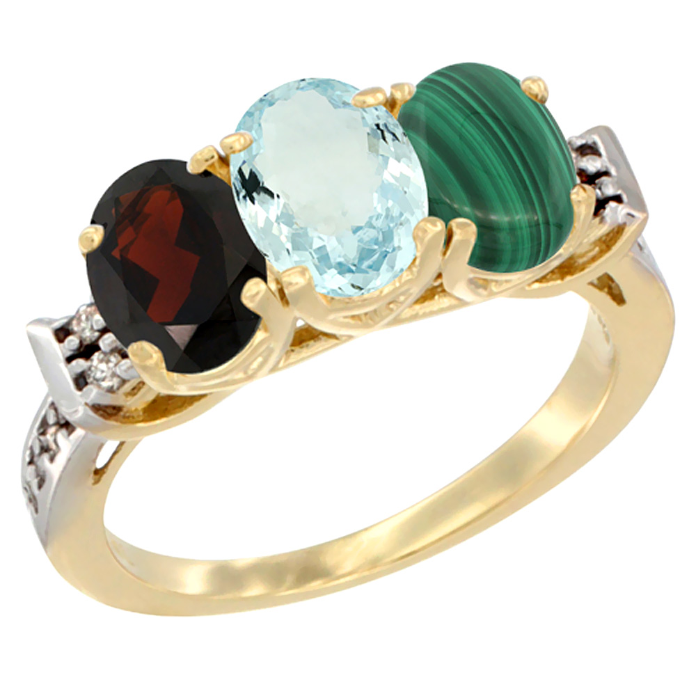 14K Yellow Gold Natural Garnet, Aquamarine & Malachite Ring 3-Stone 7x5 mm Oval Diamond Accent, sizes 5 - 10