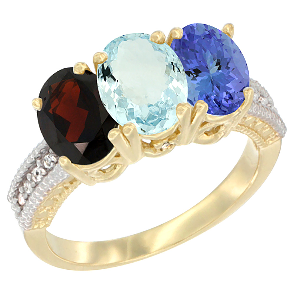 14K Yellow Gold Natural Garnet, Aquamarine & Tanzanite Ring 3-Stone 7x5 mm Oval Diamond Accent, sizes 5 - 10