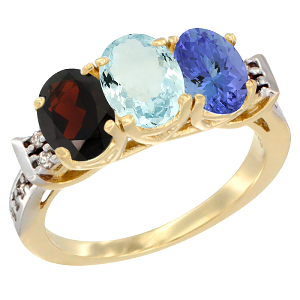 14K Yellow Gold Natural Garnet, Aquamarine & Tanzanite Ring 3-Stone 7x5 mm Oval Diamond Accent, sizes 5 - 10