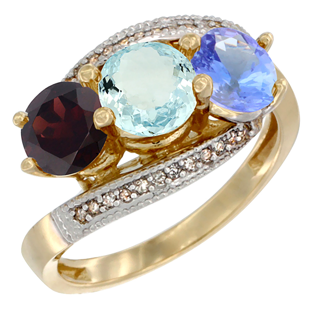 14K Yellow Gold Natural Garnet, Aquamarine &amp; Tanzanite 3 stone Ring Round 6mm Diamond Accent, sizes 5 - 10