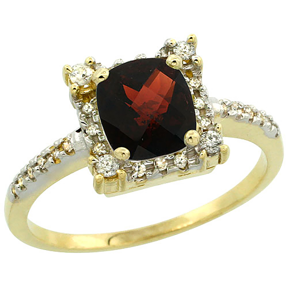 10k Yellow Gold Natural Garnet Ring Cushion-cut 6x6mm Diamond Halo, sizes 5-10