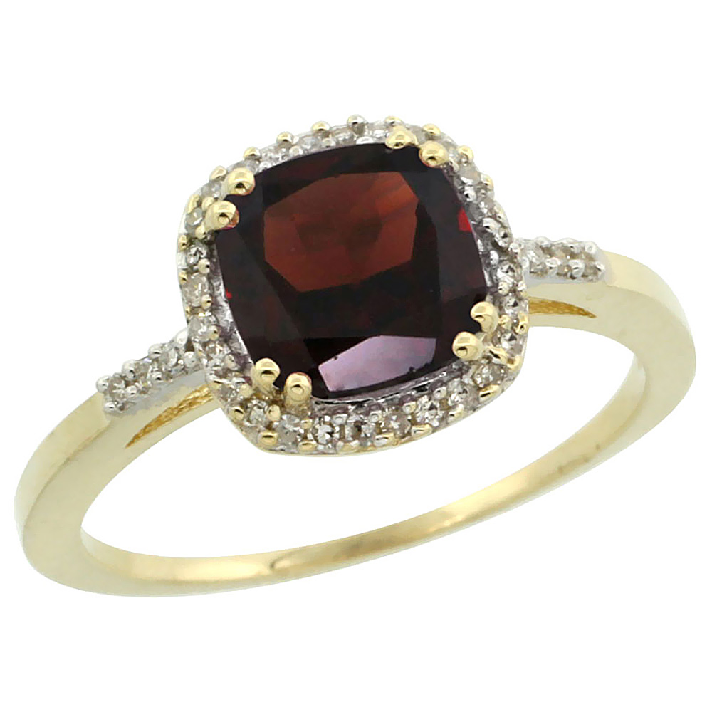 10K Yellow Gold Diamond Natural Garnet Ring Cushion-cut 7x7mm, sizes 5-10