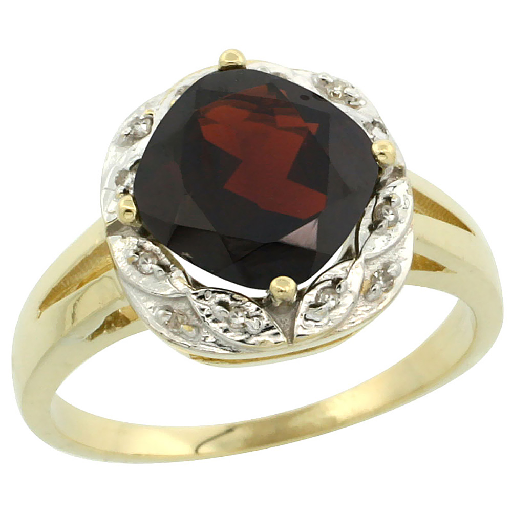 14K Yellow Gold Natural Garnet Ring Cushion-cut 8x8mm Diamond Halo, sizes 5-10