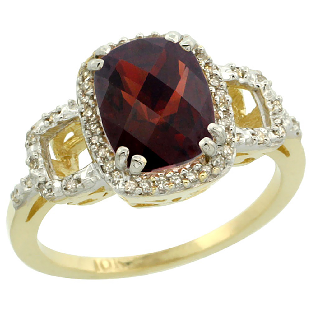 14K Yellow Gold Diamond Natural Garnet Ring Cushion-cut 9x7mm, sizes 5-10