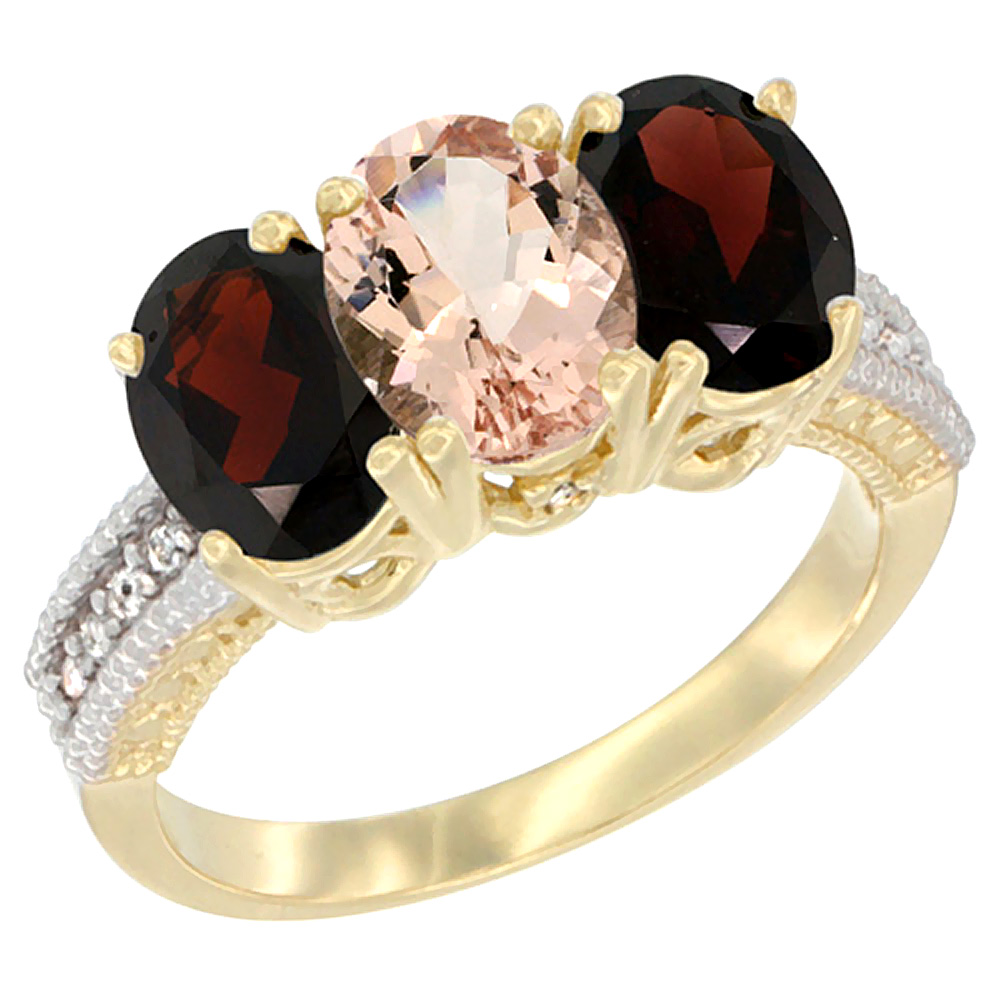 10K Yellow Gold Diamond Natural Morganite & Garnet Ring 3-Stone 7x5 mm Oval, sizes 5 - 10