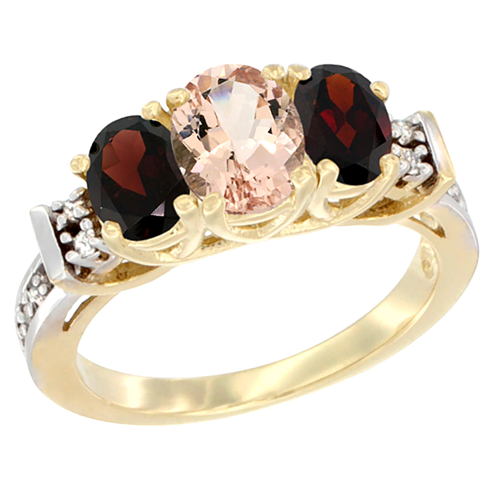 14K Yellow Gold Natural Morganite &amp; Garnet Ring 3-Stone Oval Diamond Accent