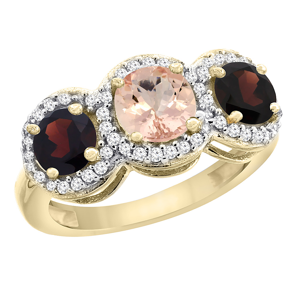 14K Yellow Gold Natural Morganite &amp; Garnet Sides Round 3-stone Ring Diamond Accents, sizes 5 - 10