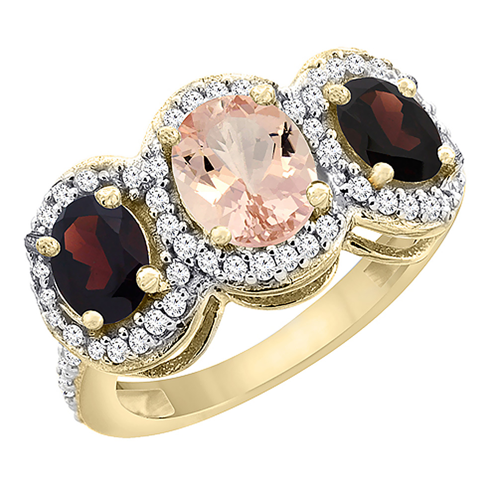 14K Yellow Gold Natural Morganite & Garnet 3-Stone Ring Oval Diamond Accent, sizes 5 - 10