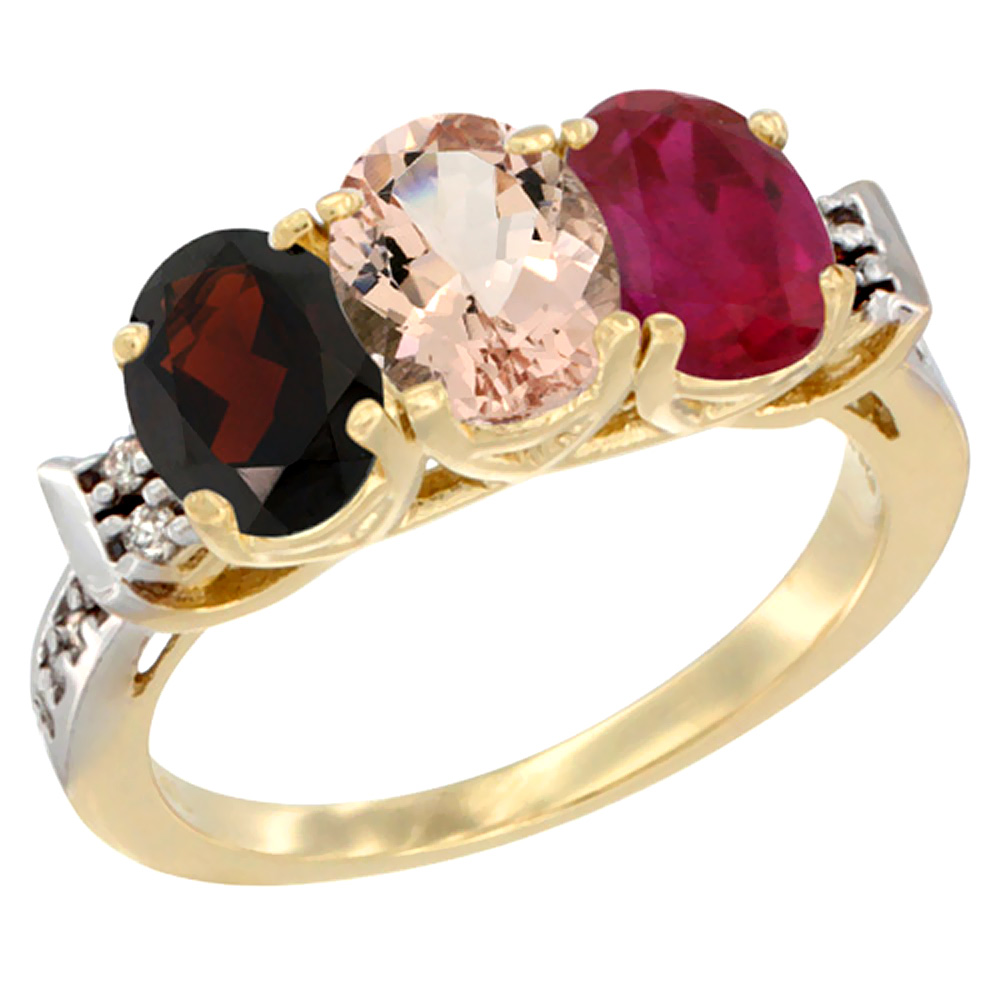 14K Yellow Gold Natural Garnet, Morganite &amp; Enhanced Ruby Ring 3-Stone 7x5 mm Oval Diamond Accent, sizes 5 - 10