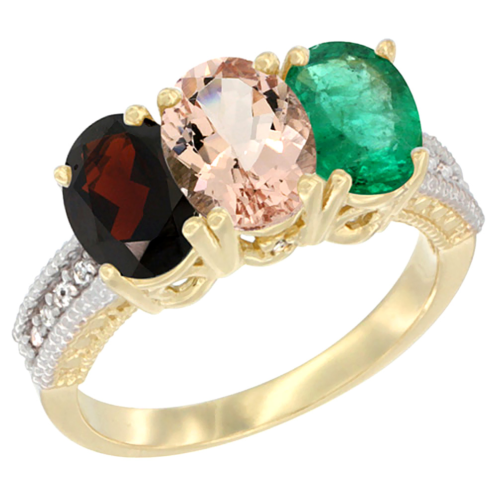 14K Yellow Gold Natural Garnet, Morganite & Emerald Ring 3-Stone 7x5 mm Oval Diamond Accent, sizes 5 - 10