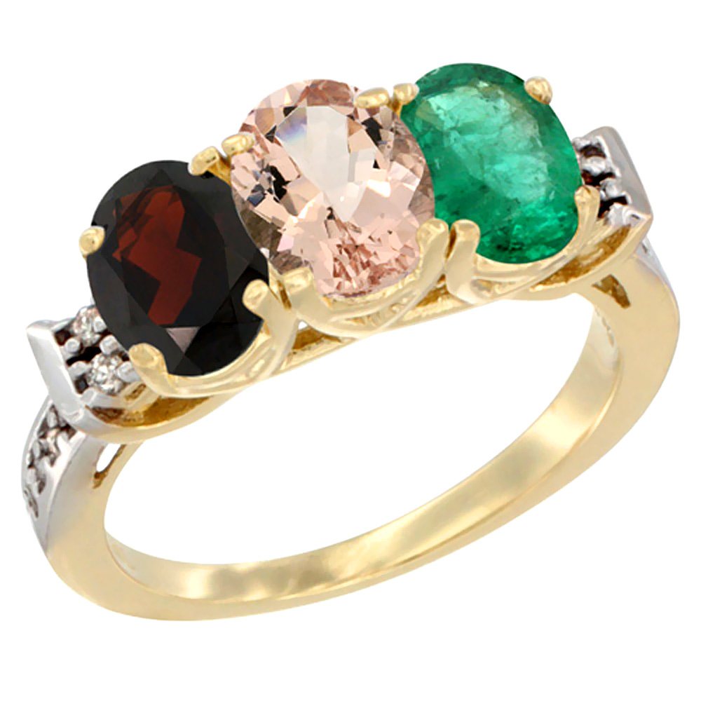 14K Yellow Gold Natural Garnet, Morganite &amp; Emerald Ring 3-Stone 7x5 mm Oval Diamond Accent, sizes 5 - 10