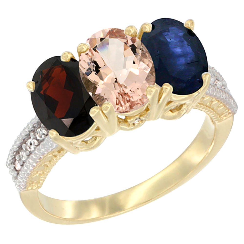 14K Yellow Gold Natural Garnet, Morganite &amp; Blue Sapphire Ring 3-Stone 7x5 mm Oval Diamond Accent, sizes 5 - 10