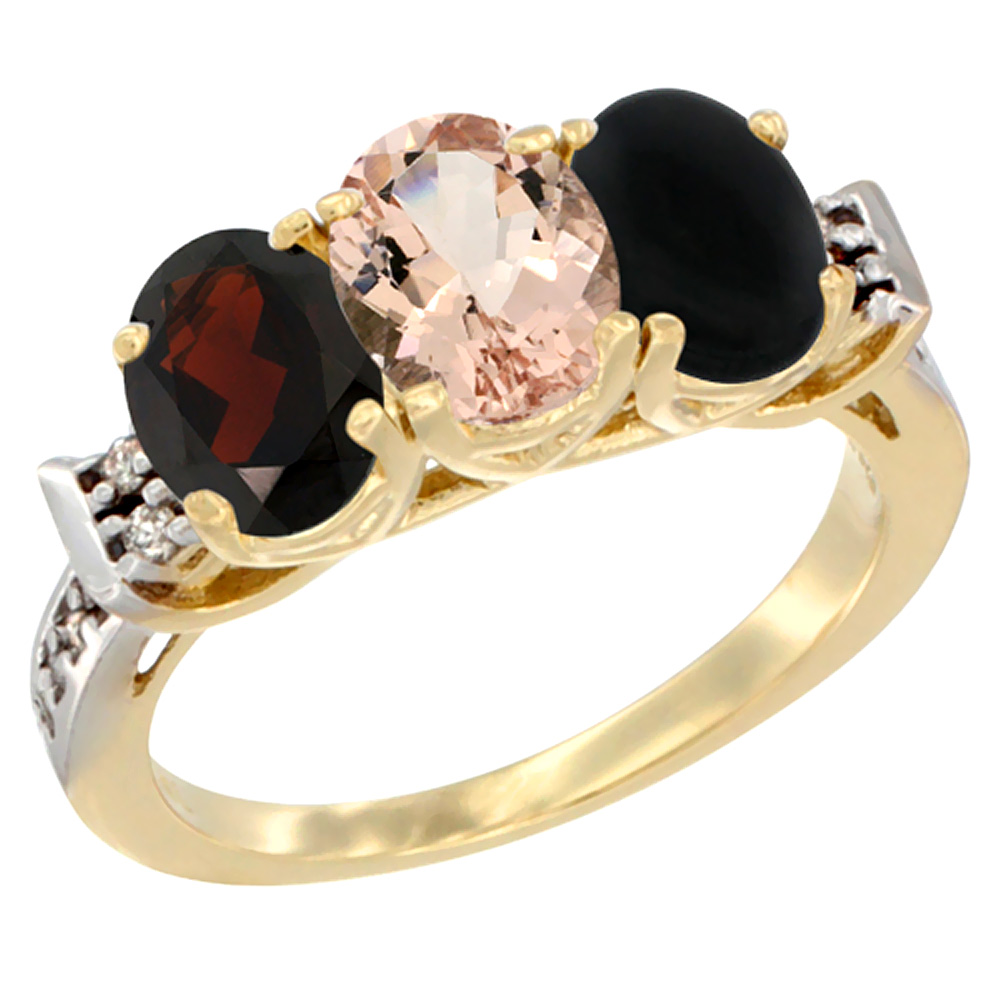 14K Yellow Gold Natural Garnet, Morganite & Black Onyx Ring 3-Stone 7x5 mm Oval Diamond Accent, sizes 5 - 10