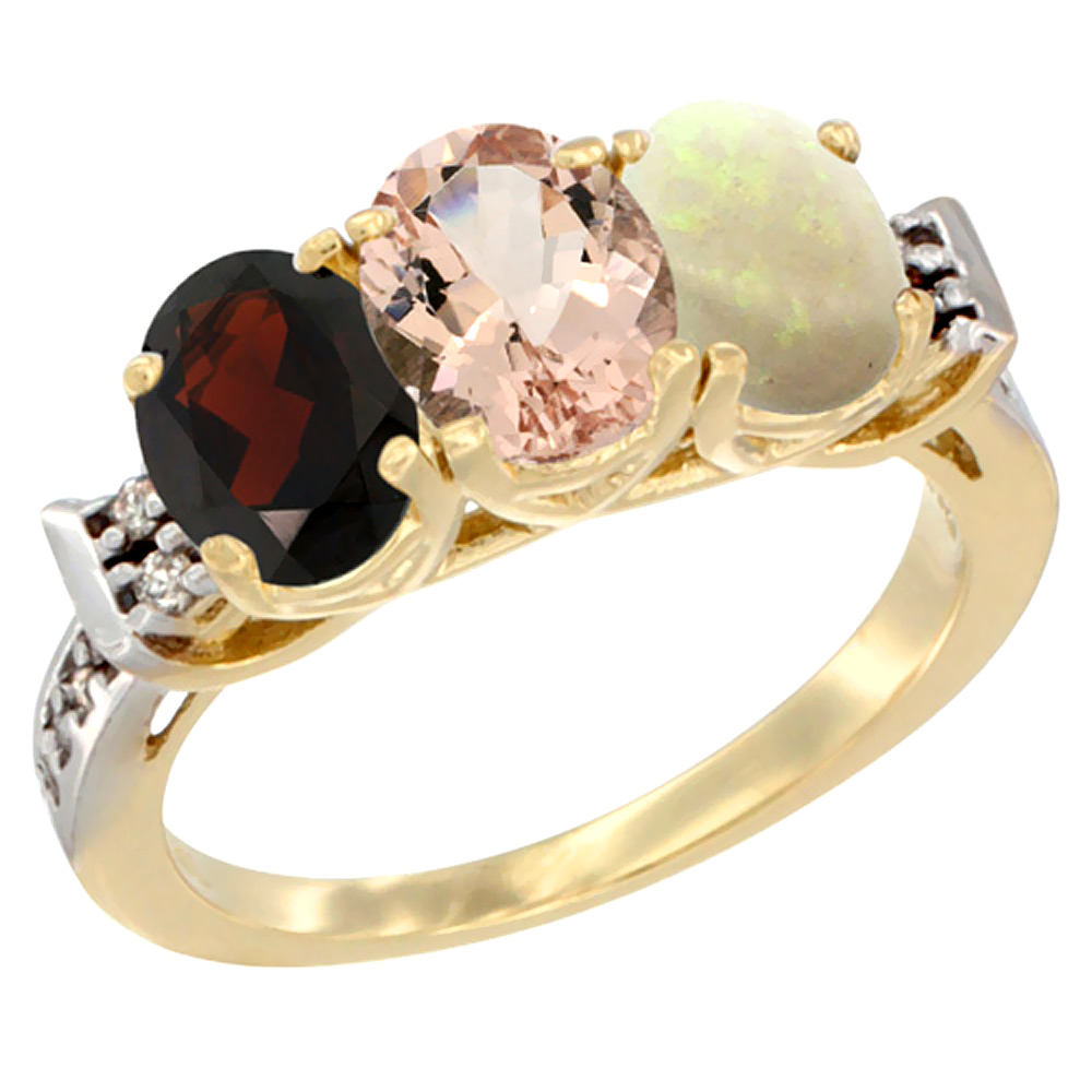 14K Yellow Gold Natural Garnet, Morganite & Opal Ring 3-Stone 7x5 mm Oval Diamond Accent, sizes 5 - 10