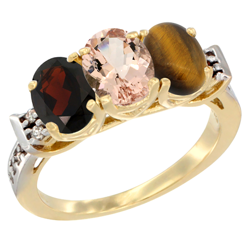 14K Yellow Gold Natural Garnet, Morganite & Tiger Eye Ring 3-Stone 7x5 mm Oval Diamond Accent, sizes 5 - 10