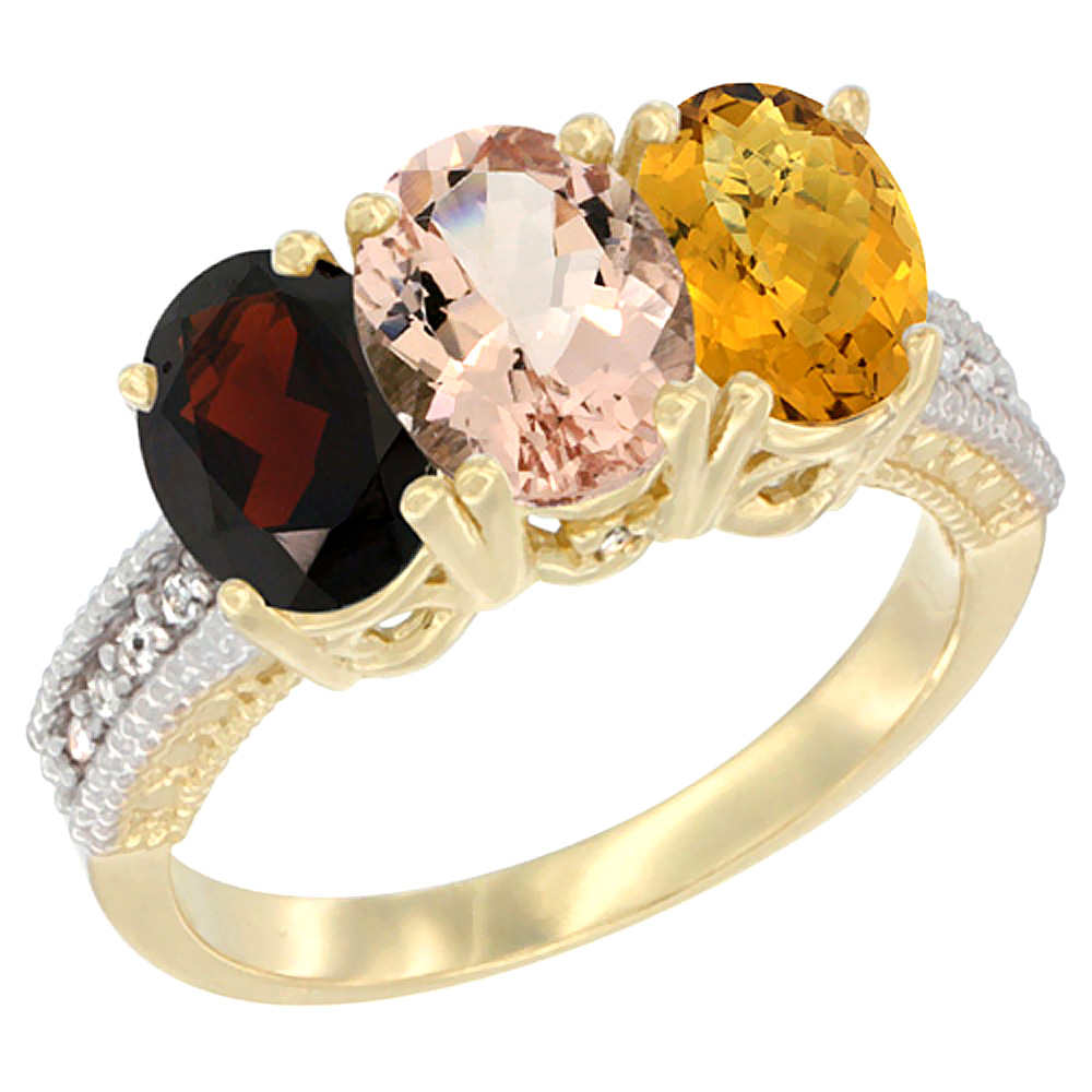 14K Yellow Gold Natural Garnet, Morganite &amp; Whisky Quartz Ring 3-Stone 7x5 mm Oval Diamond Accent, sizes 5 - 10