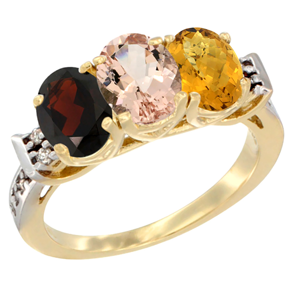 14K Yellow Gold Natural Garnet, Morganite & Whisky Quartz Ring 3-Stone 7x5 mm Oval Diamond Accent, sizes 5 - 10