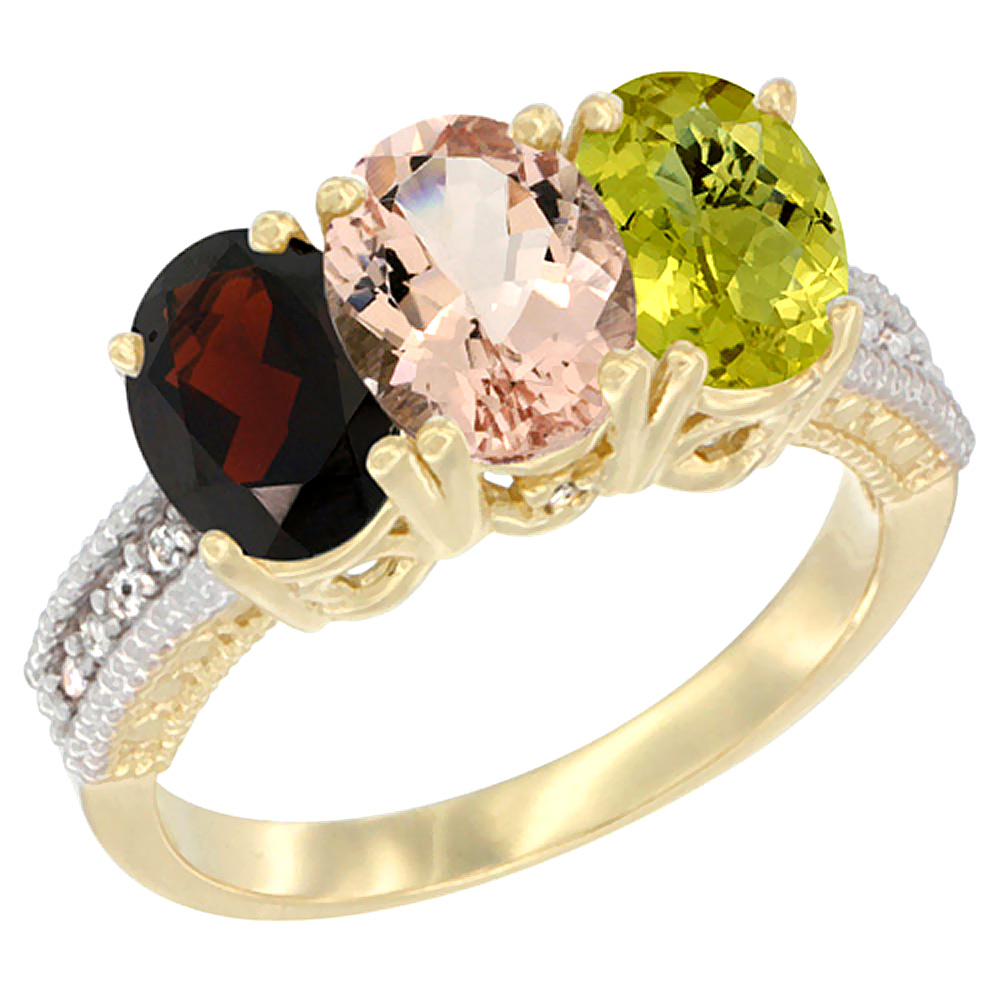 14K Yellow Gold Natural Garnet, Morganite &amp; Lemon Quartz Ring 3-Stone 7x5 mm Oval Diamond Accent, sizes 5 - 10