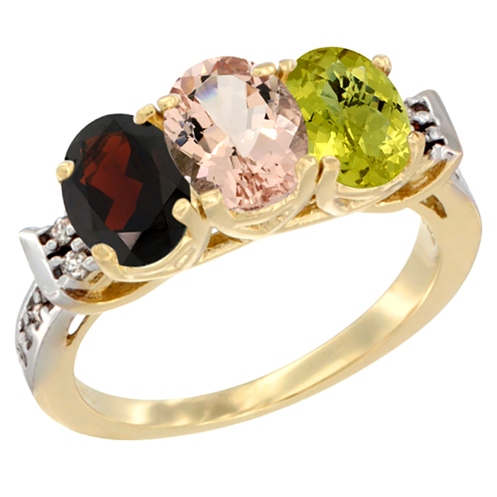 14K Yellow Gold Natural Garnet, Morganite & Lemon Quartz Ring 3-Stone 7x5 mm Oval Diamond Accent, sizes 5 - 10