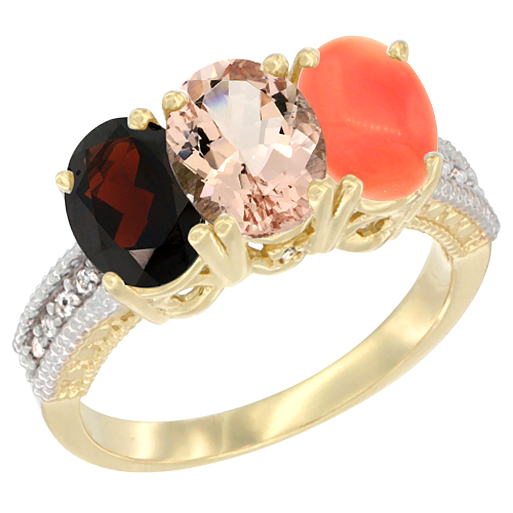 14K Yellow Gold Natural Garnet, Morganite & Coral Ring 3-Stone 7x5 mm Oval Diamond Accent, sizes 5 - 10