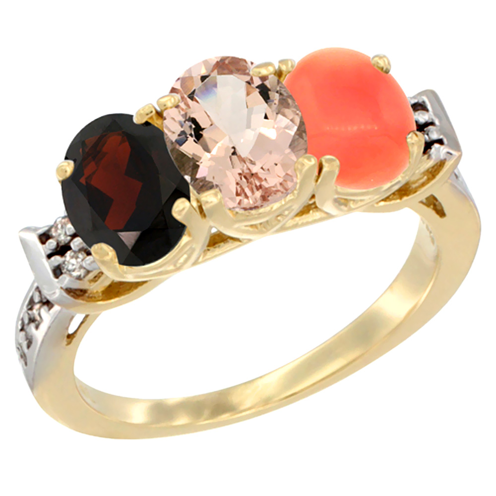 14K Yellow Gold Natural Garnet, Morganite &amp; Coral Ring 3-Stone 7x5 mm Oval Diamond Accent, sizes 5 - 10