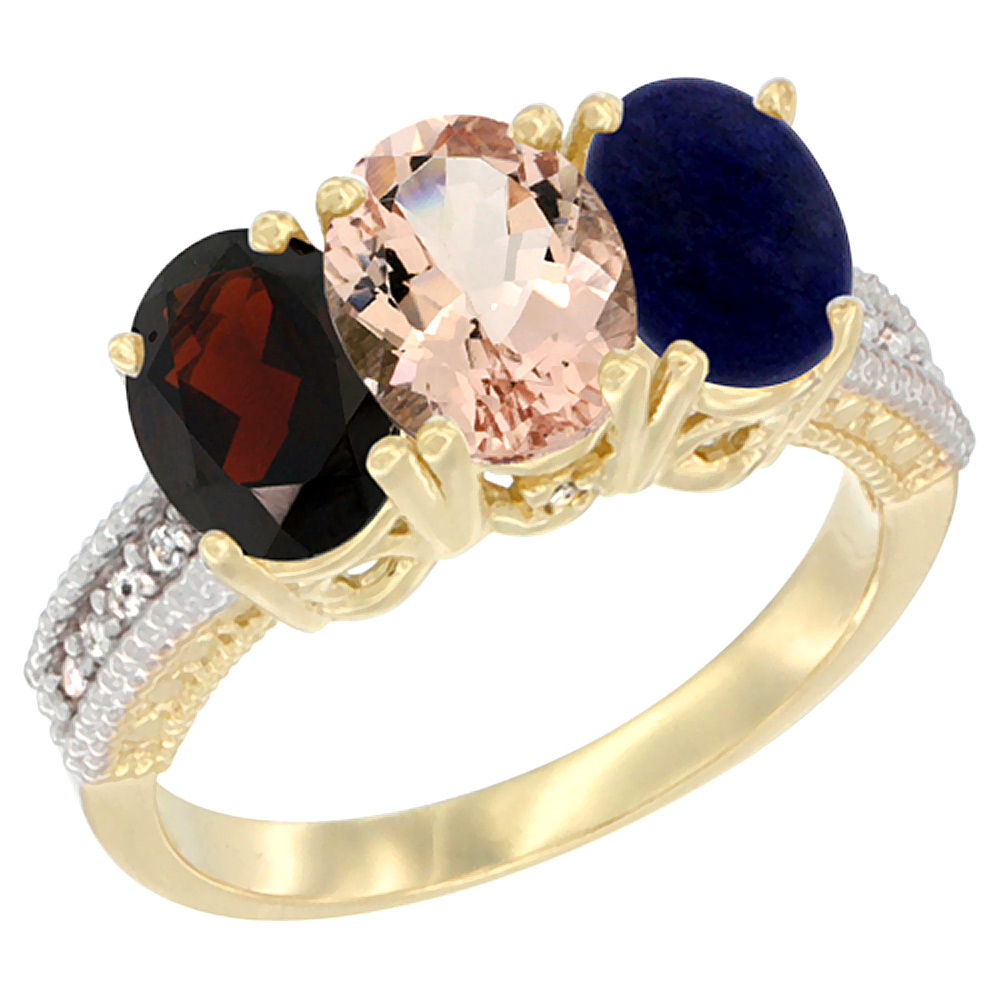 14K Yellow Gold Natural Garnet, Morganite & Lapis Ring 3-Stone 7x5 mm Oval Diamond Accent, sizes 5 - 10