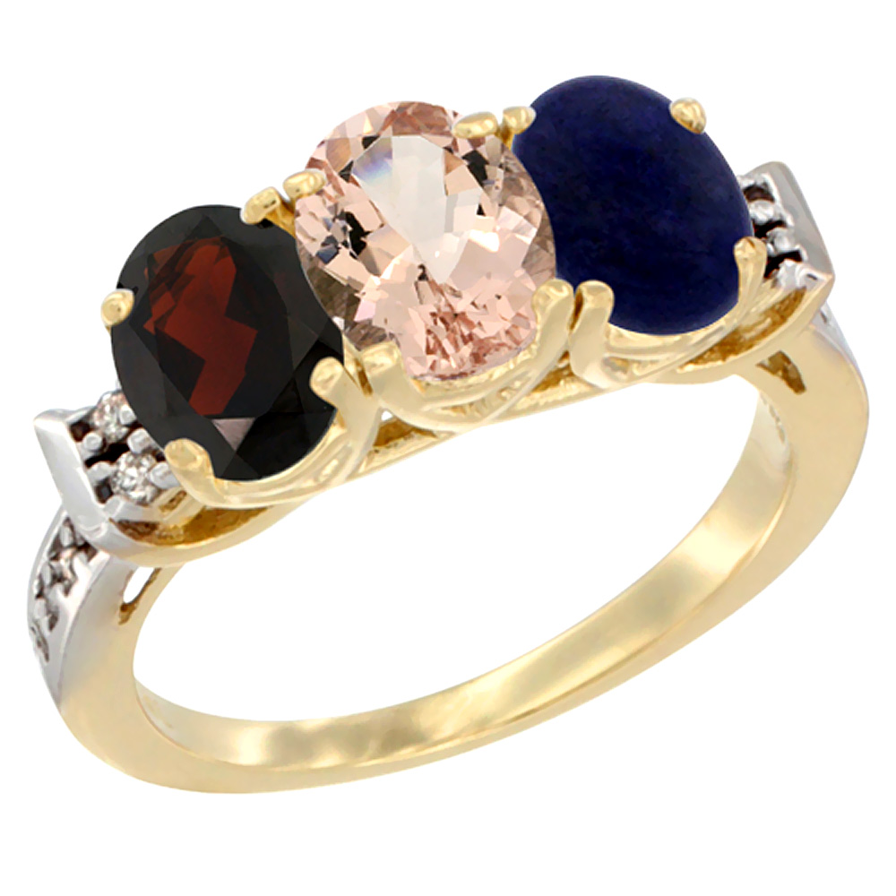 14K Yellow Gold Natural Garnet, Morganite & Lapis Ring 3-Stone 7x5 mm Oval Diamond Accent, sizes 5 - 10