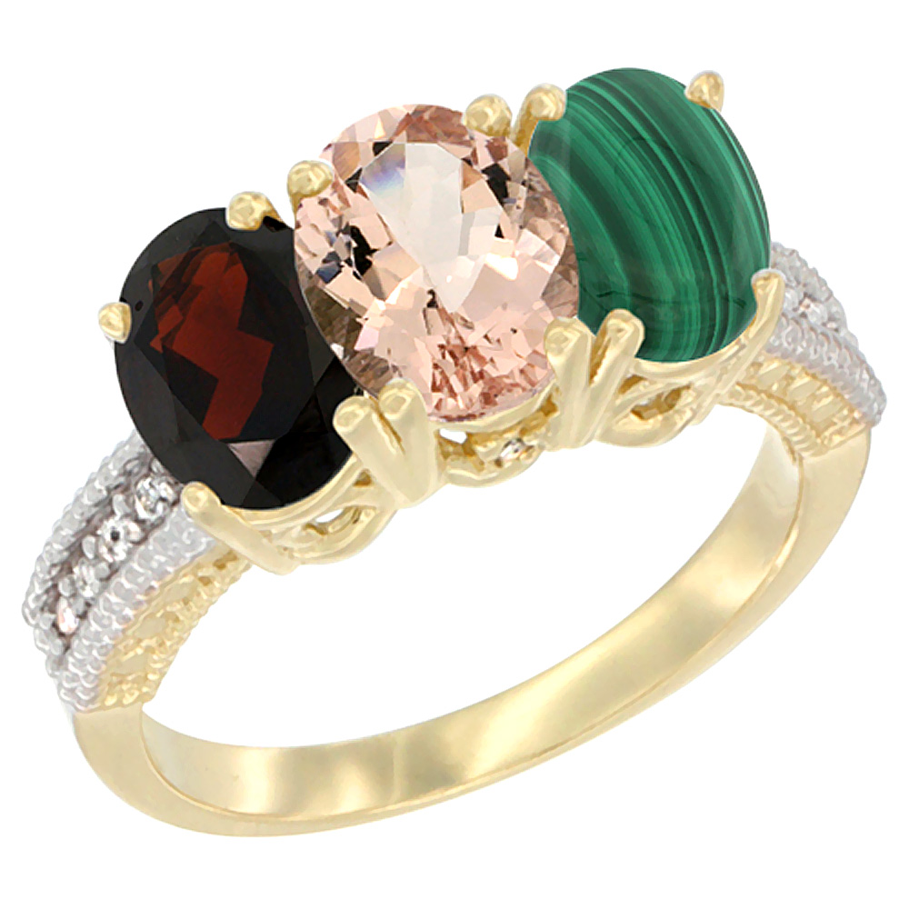 14K Yellow Gold Natural Garnet, Morganite &amp; Malachite Ring 3-Stone 7x5 mm Oval Diamond Accent, sizes 5 - 10