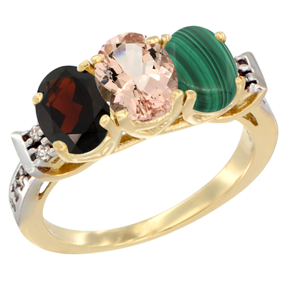 14K Yellow Gold Natural Garnet, Morganite & Malachite Ring 3-Stone 7x5 mm Oval Diamond Accent, sizes 5 - 10