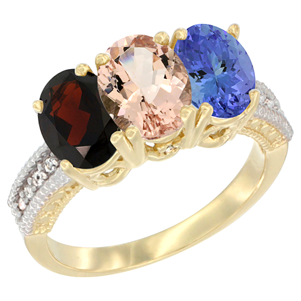 14K Yellow Gold Natural Garnet, Morganite &amp; Tanzanite Ring 3-Stone 7x5 mm Oval Diamond Accent, sizes 5 - 10