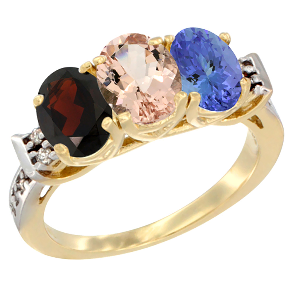 14K Yellow Gold Natural Garnet, Morganite & Tanzanite Ring 3-Stone 7x5 mm Oval Diamond Accent, sizes 5 - 10