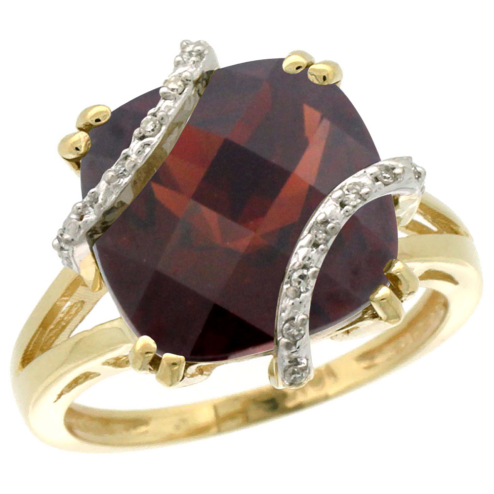 14K Yellow Gold Natural Garnet Ring Cushion-cut 12x12mm Diamond Accent, sizes 5-10