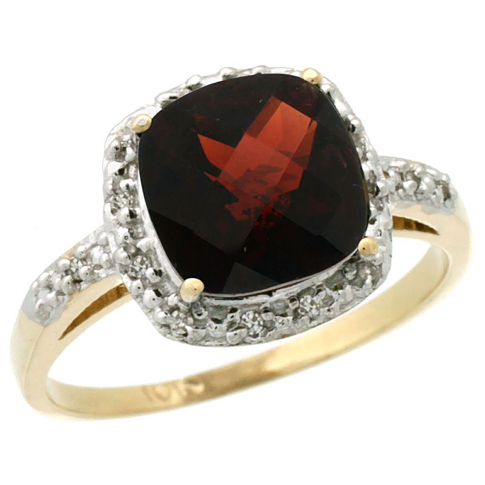 14K Yellow Gold Diamond Natural Garnet Ring Cushion-cut 8x8 mm, sizes 5-10