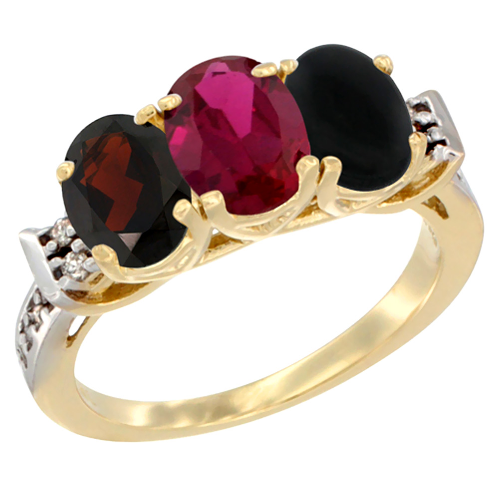 14K Yellow Gold Natural Garnet, Enhanced Ruby & Natural Black Onyx Ring 3-Stone 7x5 mm Oval Diamond Accent, sizes 5 - 10