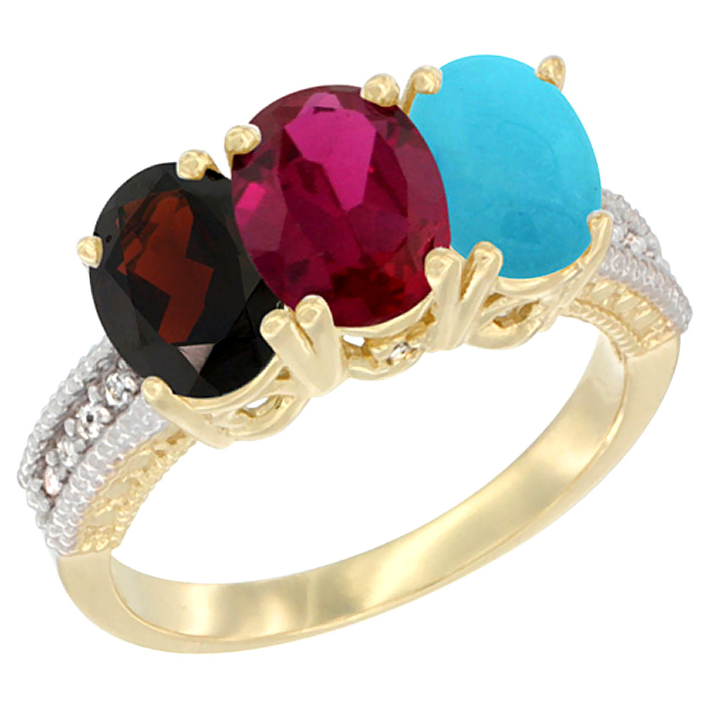 14K Yellow Gold Natural Garnet, Enhanced Ruby & Natural Turquoise Ring 3-Stone 7x5 mm Oval Diamond Accent, sizes 5 - 10