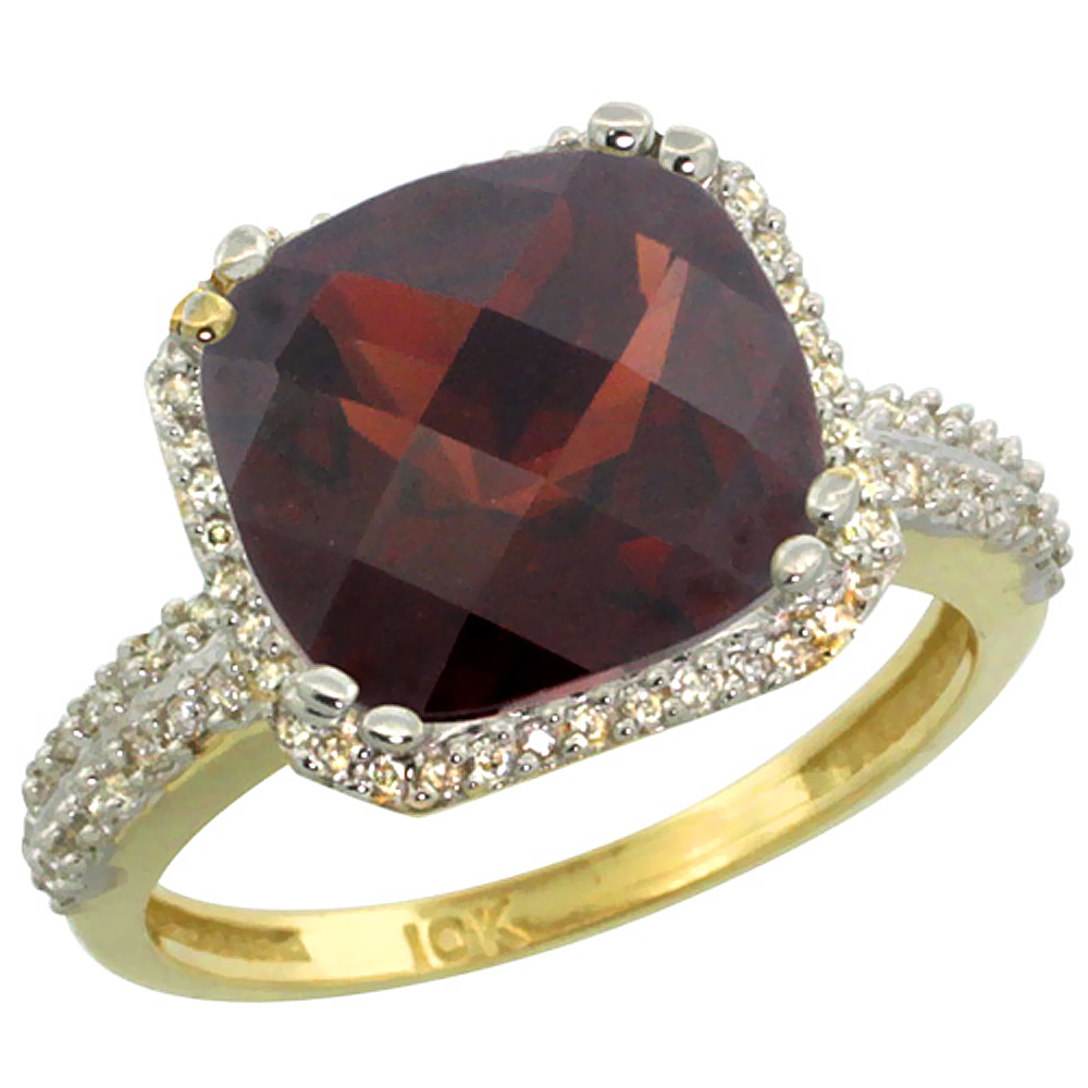 14K Yellow Gold Natural Garnet Ring Cushion-cut 11x11mm Diamond Halo, sizes 5-10