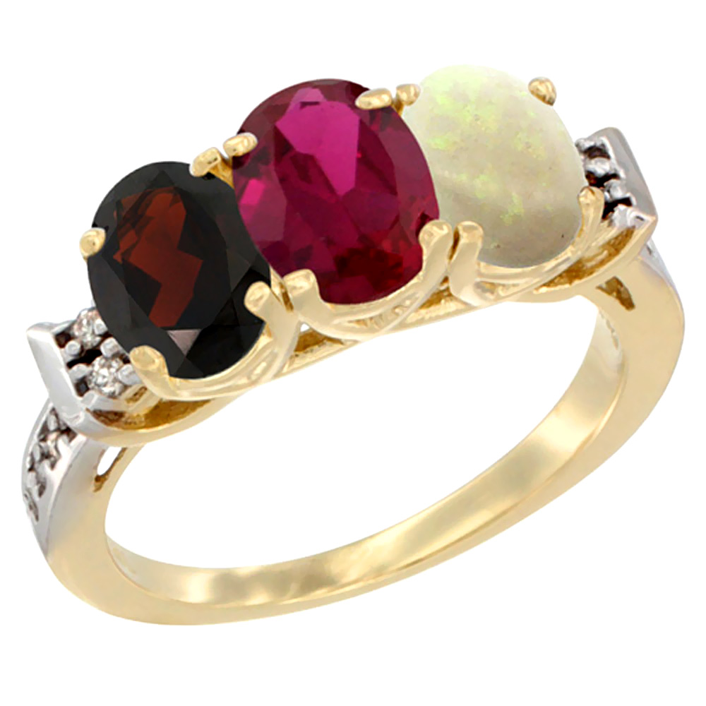 14K Yellow Gold Natural Garnet, Enhanced Ruby & Natural Opal Ring 3-Stone 7x5 mm Oval Diamond Accent, sizes 5 - 10