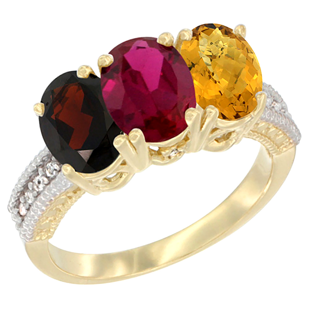 14K Yellow Gold Natural Garnet, Enhanced Ruby & Natural Whisky Quartz Ring 3-Stone 7x5 mm Oval Diamond Accent, sizes 5 - 10