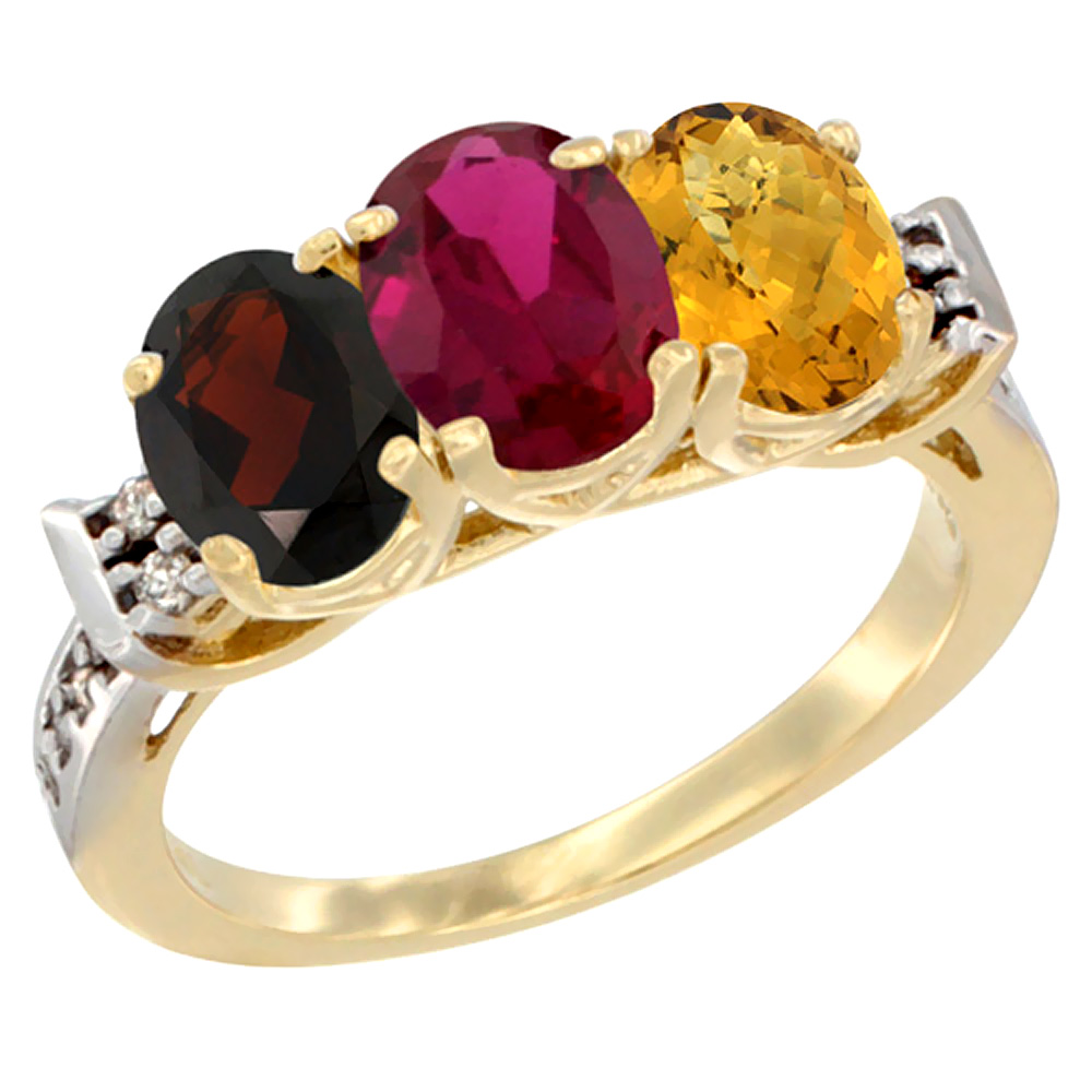 10K Yellow Gold Natural Garnet, Enhanced Ruby & Natural Whisky Quartz Ring 3-Stone Oval 7x5 mm Diamond Accent, sizes 5 - 10