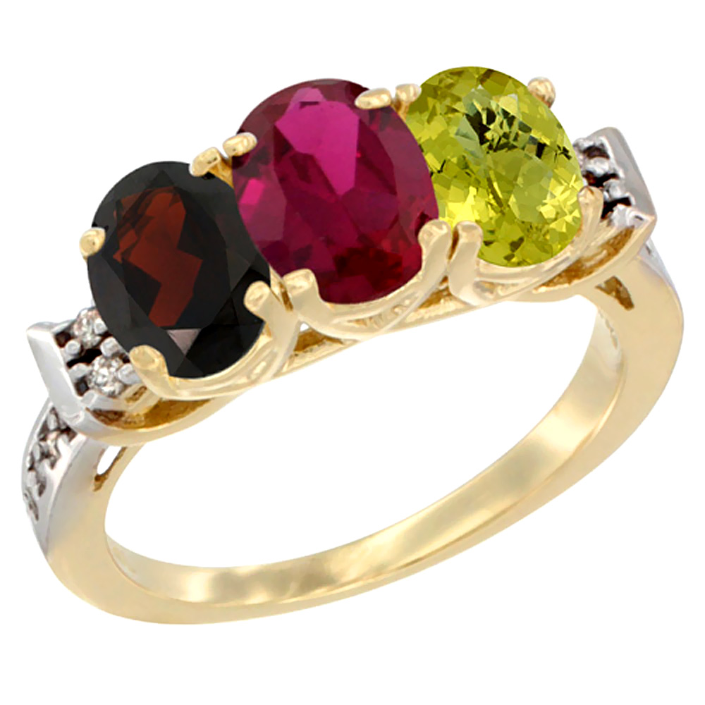 10K Yellow Gold Natural Garnet, Enhanced Ruby &amp; Natural Lemon Quartz Ring 3-Stone Oval 7x5 mm Diamond Accent, sizes 5 - 10